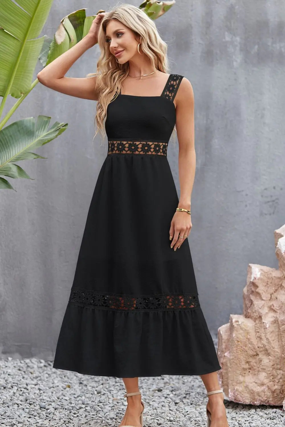 Spliced Lace Square Neck Midi Dress