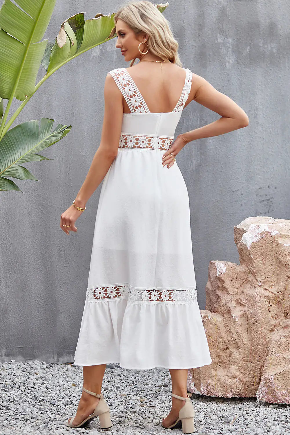 Spliced Lace Square Neck Midi Dress