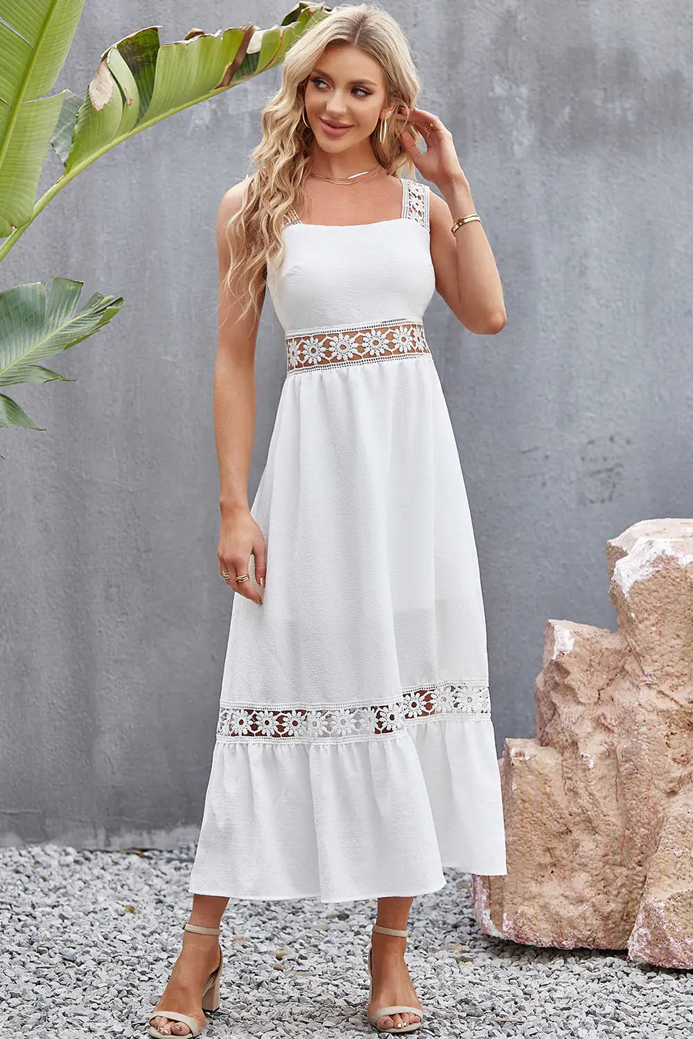 Spliced Lace Square Neck Midi Dress