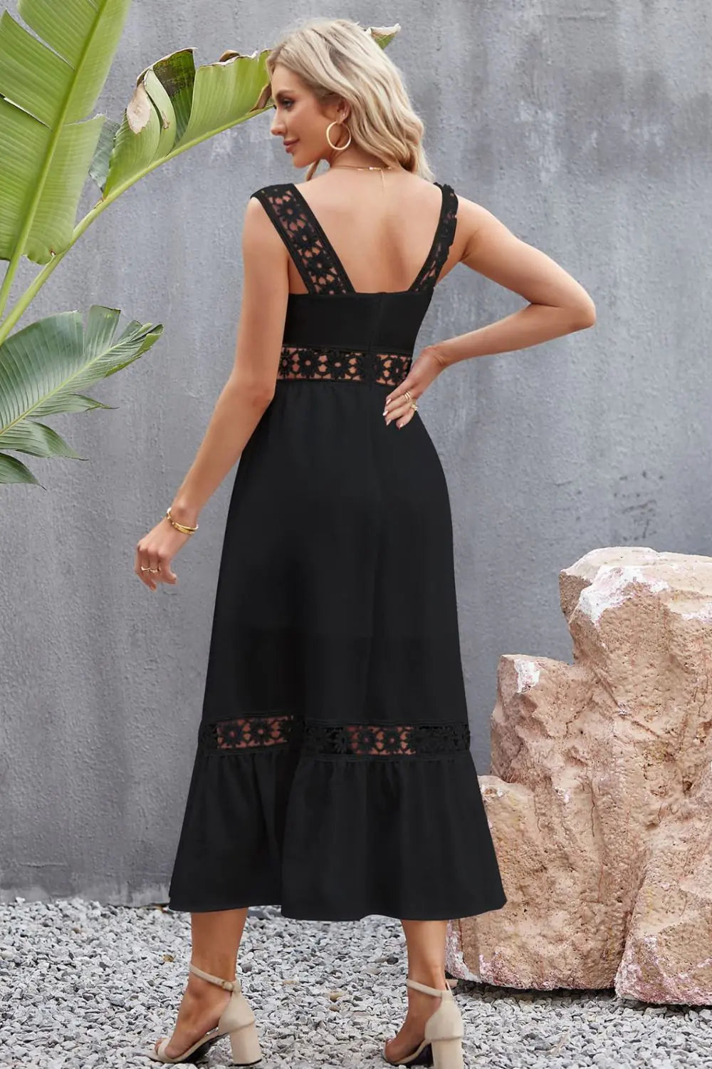Spliced Lace Square Neck Midi Dress